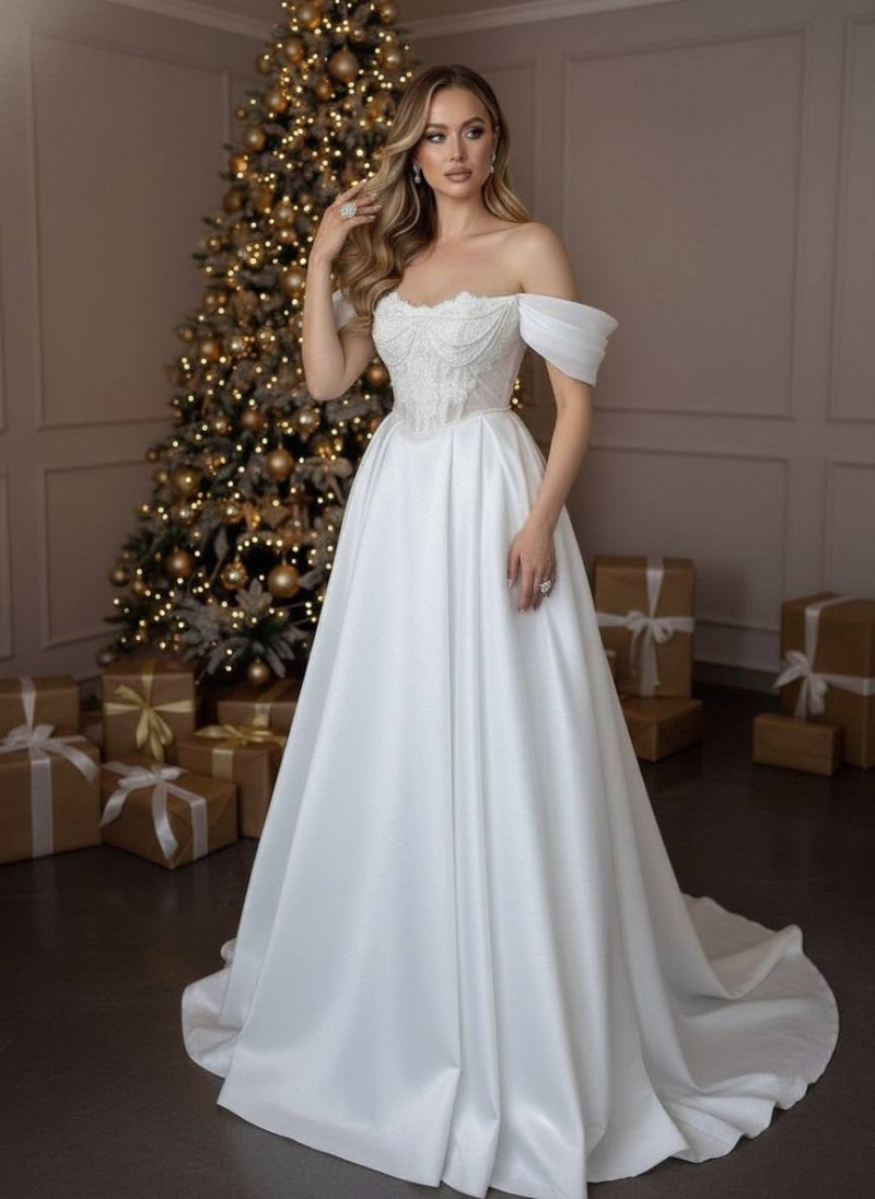 Свадебное платье Анжелика  а-силуэт (принцесса) айвори, из атласа, длинное, в пол, фото, коллекция 2026